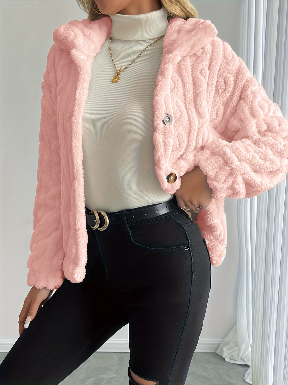 Double-Sided Lapel Button Elegant Top Coat - Pink Color