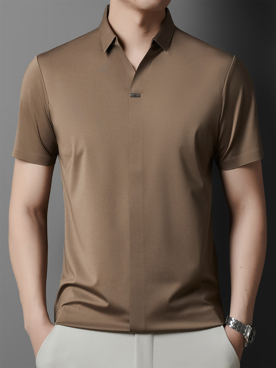 Summer New Men'S Short Sleeve Polo Shirt with Stand-Up Collar, Easy Business Casual High-End Breathable Half Sleeve T-Shirt Men'S Wear Cloud Ding Crown - Khaki