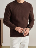 Men'S Waffle Knit Round Neck Sweater, Full Waffle Texture Jacquard Checkered Knit, Strong Three-Dimensional Feel, Thicker Than Regular Plain Knit, Better Warmth - SINBOS - Coffee Color