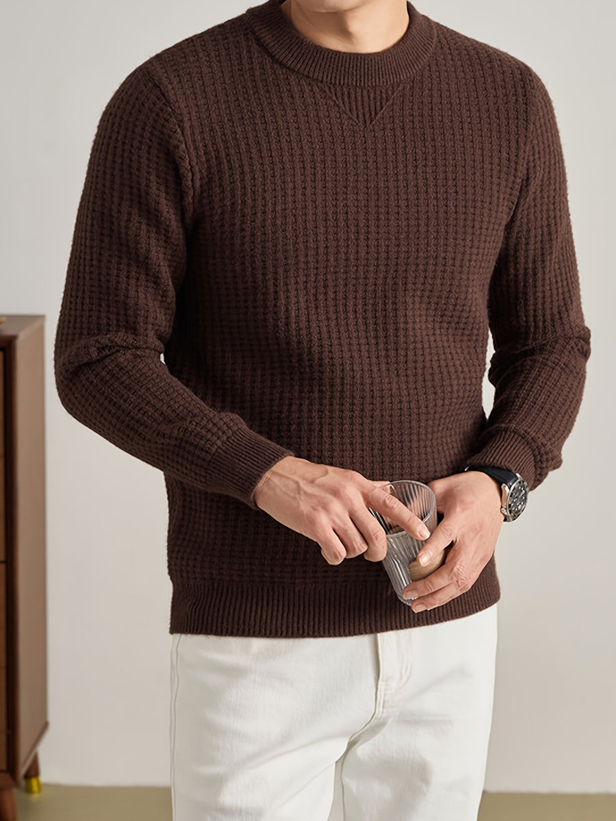 Men'S Waffle Knit Round Neck Sweater, Full Waffle Texture Jacquard Checkered Knit, Strong Three-Dimensional Feel, Thicker Than Regular Plain Knit, Better Warmth - SINBOS - Coffee Color