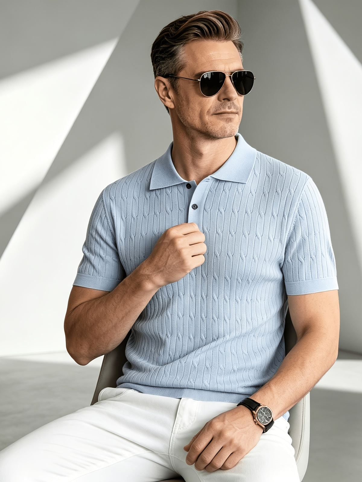 Business-mature Casual Men's Vertical Stripe Twisted Cable Knit Lapel Short-sleeve Polo Shirt, Slim-fit Lightweight Breathable Knit Top, Suitable for Daily, Office, and Weekend Outings in Summer - Sky Blue