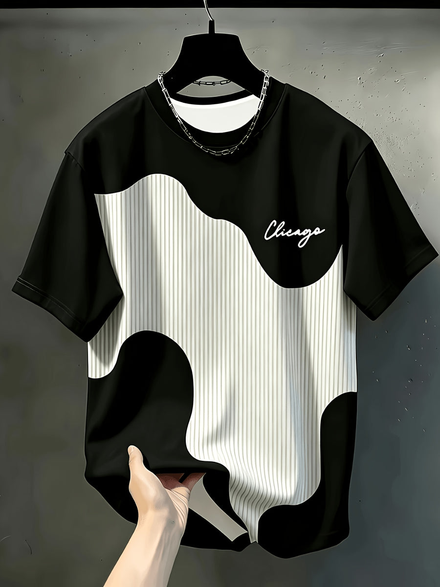 Print Design Textureless Men'S Casual Round Neck T-Shirt, Geometric Pattern Patchwork Striped Design, Chicago Word Pattern, Drapey Fashion Top, All-Season Wear, Breathable Regular Fit for Casual And Formal Outfits - Round Neck Casual Top - Mixed Color 1