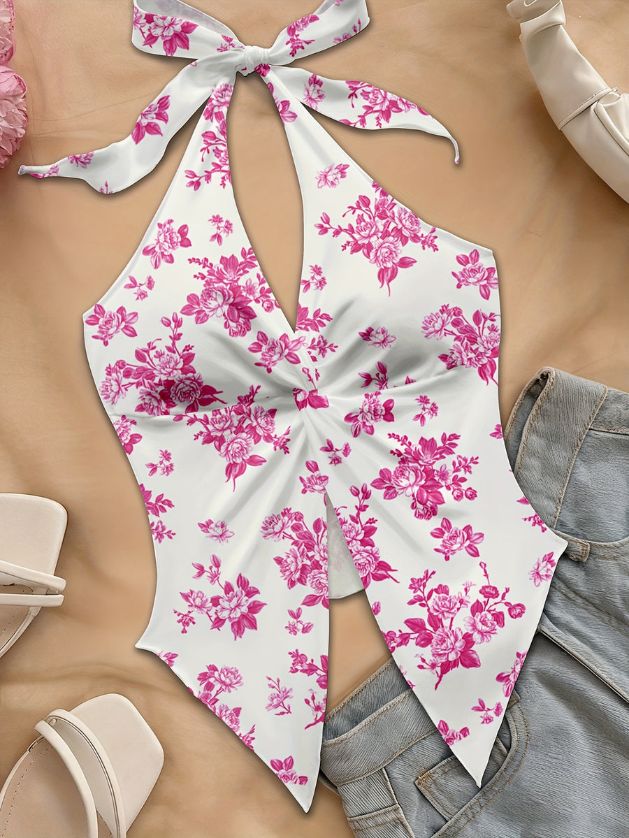 Women'S Spring/Summer Fall Boho Beach Vacation Outfits Marine Floral Leopard Print Trim Bustier Slim Fit Camisole Halter Top, Y2K Vintage Concert Outfit - Magenta