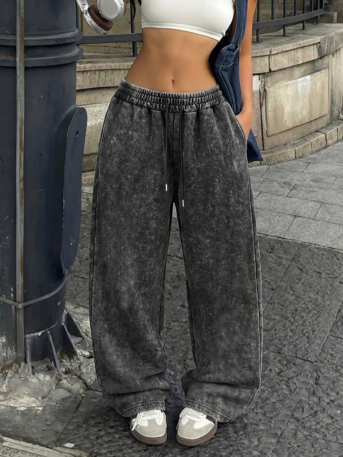 Women'S Casual Stretch Drawstring Waist Long Pants | Vintage American Street Style, Printed, Pocket Details, All-season Wear - Black