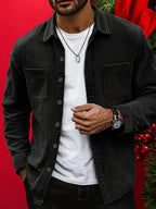 Men's Corduroy Shirt, New Spring/autumn/winter Men's Shirt Jacket, Lapel Collar with Solid Color Snap Button Design, Suitable for Casual Style - Black