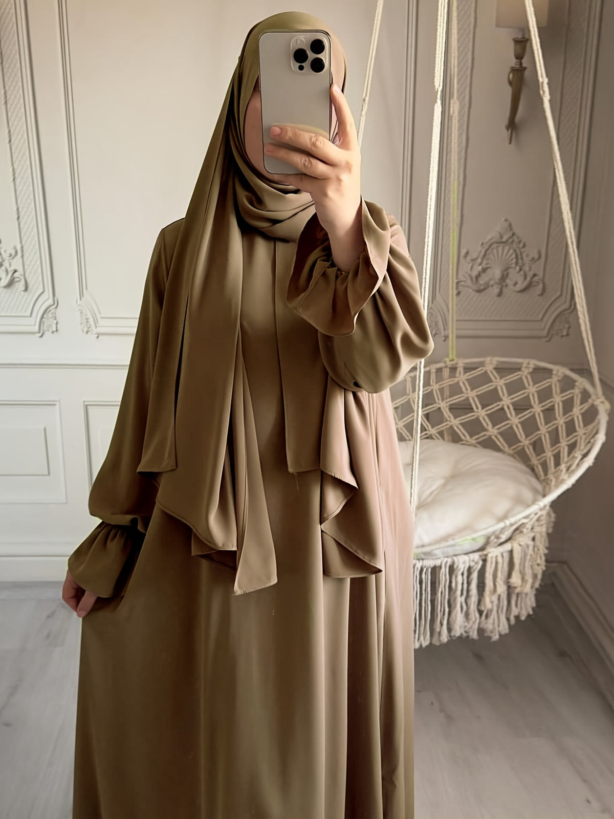 1pc Fashionable, Elegant And Casual One-Piece Solid-Colored Bellows Sleeve Suitable for Daily Wear. Loose And Comfortable Women'S Abaya Robe - Khaki