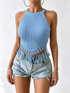 Women's Sexy Summer Cropped Sleeveless Top with Elegant Fringe Details - Slim-Fit Stretch Round Neck Casual Chic Outing Shirt, Cute Tops for Summer, Festive Outfit Choice, Nontransparent Material - Sky Blue