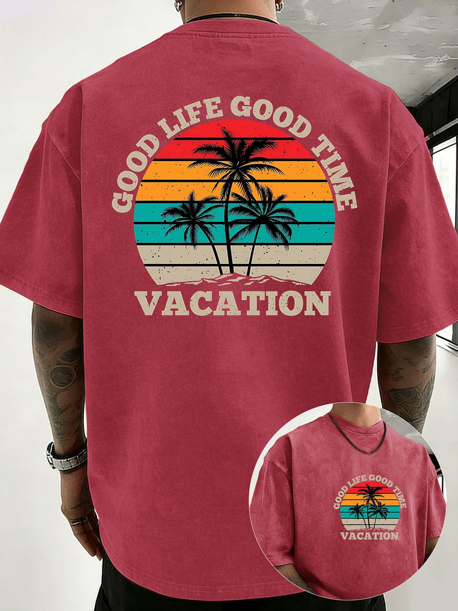 Loose Short Sleeve T-Shirt Men'S Heavyweight Pure Washed Distressed Top Trendy Double-Sided Print 12 Colors Free to Match Street Hip-Hop Style Casual Outing Sports Fitness Commuting Couple Style American Street Short Sleeve - Red