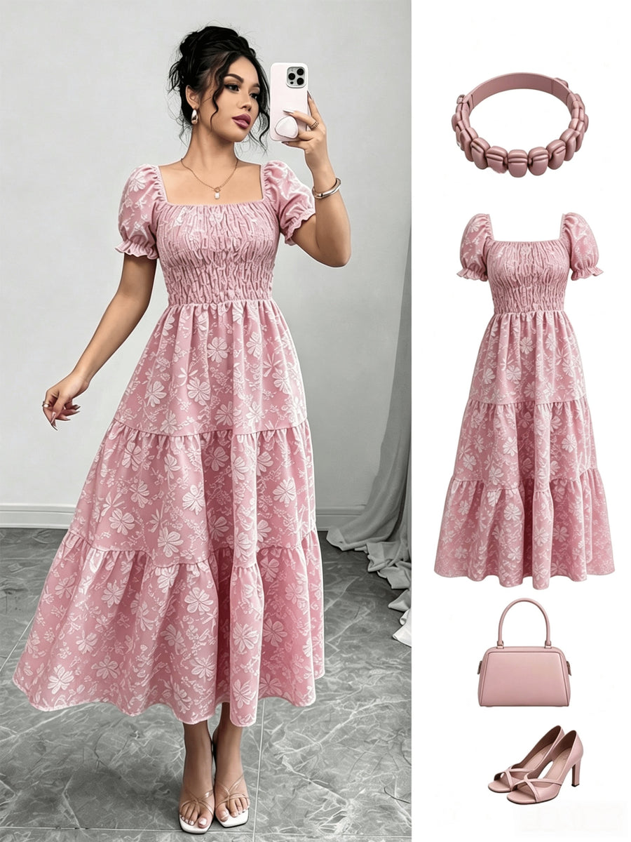 Women'S Ruched Square Neck Short Sleeve Ruffled Hem Dress with Ditsy Floral Print, Suitable for Casual, Work, Travel, Beach, Bohemian, Western, Music Festival, Countryside Style - 02-Tender Pink
