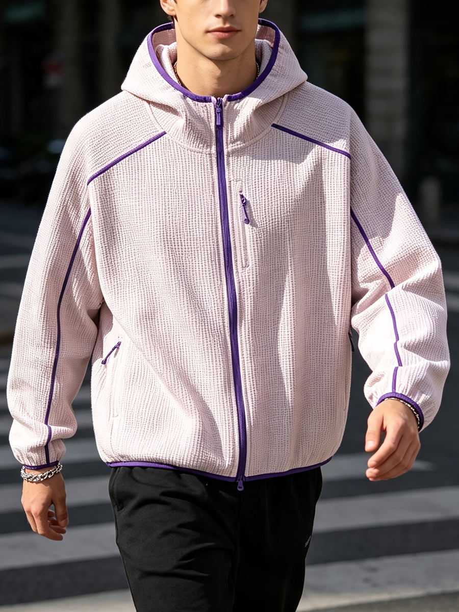 2026 New Men's Waffle Knit Textured Sport Jacket, Spring/Autumn Lightweight Hooded Outerwear, Suitable for Sports & Fitness, Outdoor Activities, Daily Home Wear, and Casual Outings - Pink Color