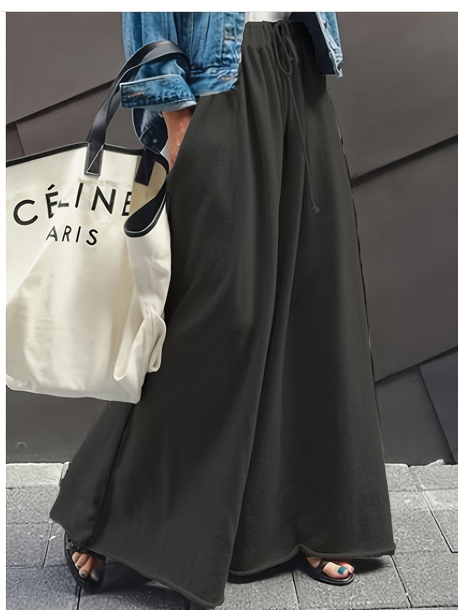 Casual Solid Drawstring Waist Wide Leg Pants - Black