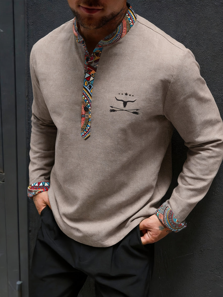 Men'S Fashion New Special Mixed Color Fabric Contrasting Color Printing Design Stiff And Skin-Friendly Material Small Stand Collar 2/1 Half Placket Daily Casual Fashion Classic Versatile Going Out Commuting Hawaiian Style Summer New Long-Sleeved Shi - Khaki