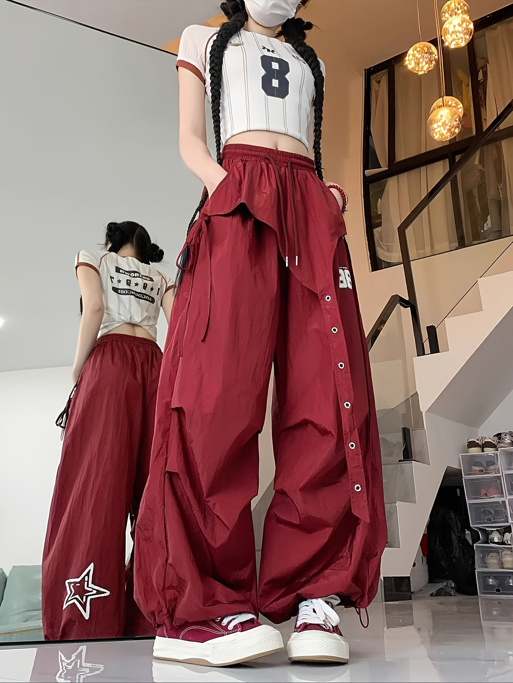 Spring And Autumn Women'S Korean-Style Irregular Design Jazz Street Dance Wide-Leg Pants - Burgundy