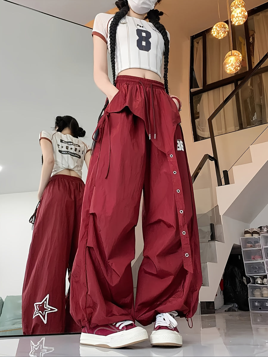 Spring And Autumn Women'S Korean-Style Irregular Design Jazz Street Dance Wide-Leg Pants - Burgundy