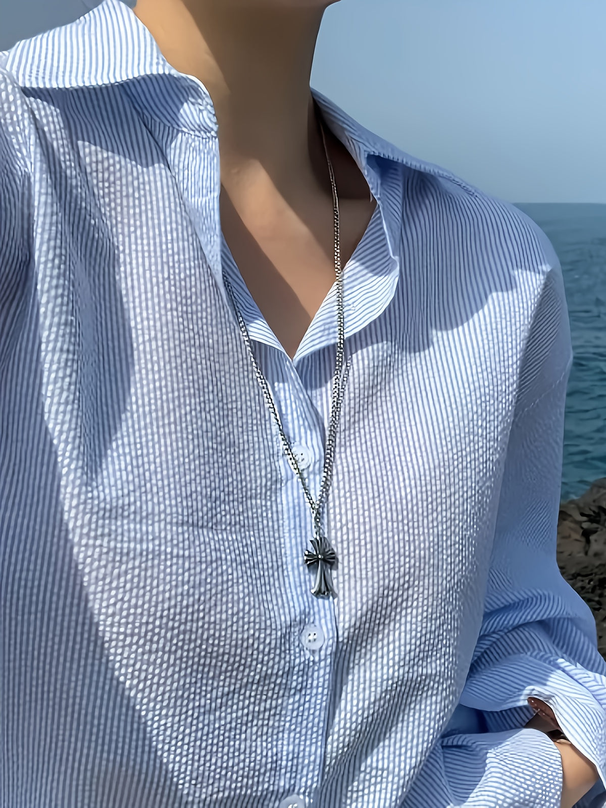 Women'S Shirt Summer New Loose Casual Versatile Single-Button Blouse Sunscreen Jacket Top - Light Blue