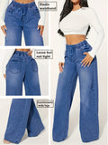 A Women's Fashionable Denim Straight Leg Pants with Elastic Waistband, Loose, Soft and Comfortable, Slanted Pockets, Classic  Color, Versatile for All Seasons - Deep Blue