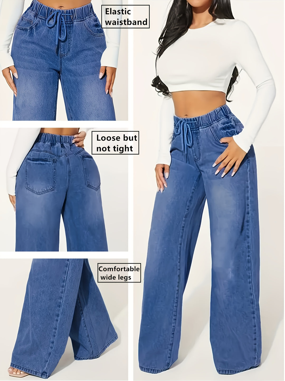 A Women's Fashionable Denim Straight Leg Pants with Elastic Waistband, Loose, Soft and Comfortable, Slanted Pockets, Classic  Color, Versatile for All Seasons - Deep Blue