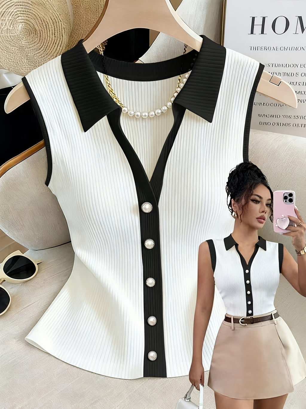 Women'S Summer New Color-Block Lapel Sleeveless Vest, Color-Blocked V-Neck Pearl Button Fitted Inner Top - White