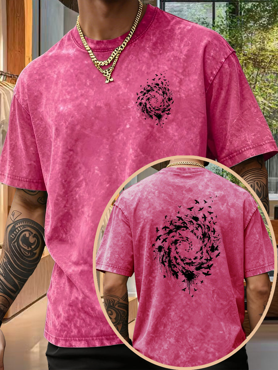Men's Pure Short-Sleeve Top with Trendy Double-Sided Print of Flocks of Birds and Spiral Ink Splatter Design, 12 Colors for Mix-and-Match, Washed Distressed Loose Fit, National Trend Y2K Style for Commuting, Daily Outings, Sports - Rose Red