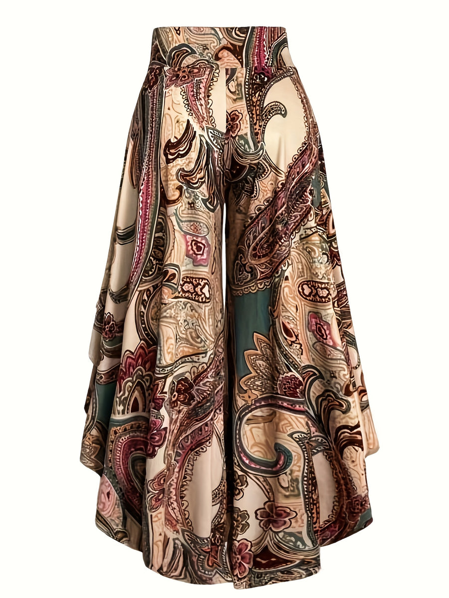 High-Waisted Paisley Print Casual Wide-Leg Pants for Women in Spring And Summer, Featuring Asymmetrical Ruffled Hems And an Elastic Waistband for a Relaxed Fit - Apricot