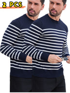 Men's Spring, Autumn, Winter Round Neck Long Sleeve Casual 2pcs Set Base Layer Shirt, Two-Tone Striped Sweater, Basic Pullover, Color-Block Knit Top - Navy Color