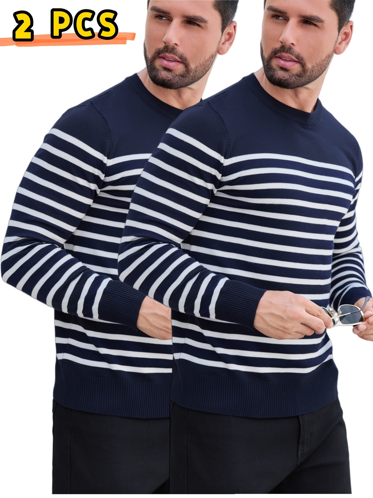 Men's Spring, Autumn, Winter Round Neck Long Sleeve Casual 2pcs Set Base Layer Shirt, Two-Tone Striped Sweater, Basic Pullover, Color-Block Knit Top - Navy Color