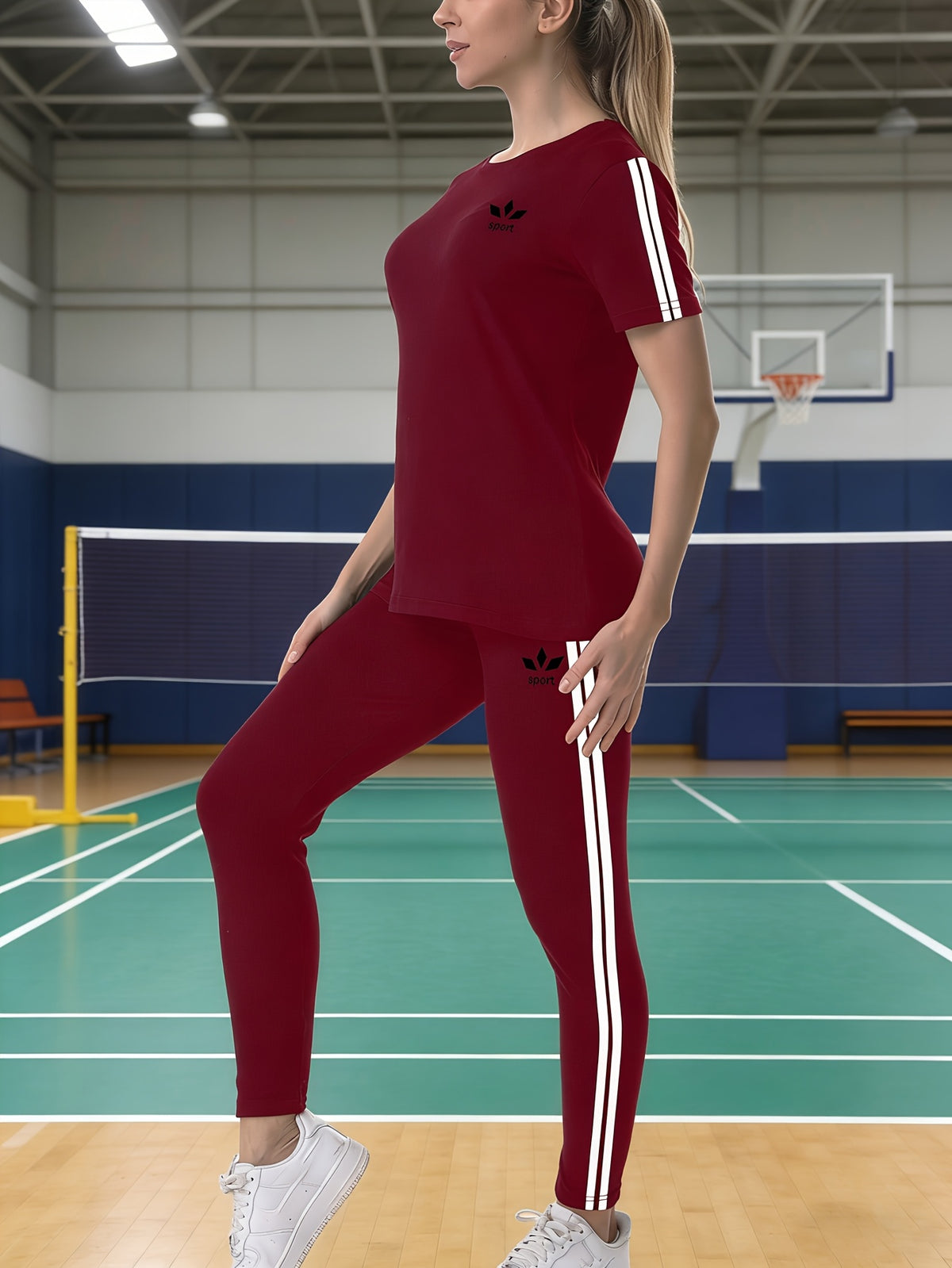 New Women's Casual Sportswear Set, 2pcs White Double-stripe T-shirt Set with SPORT Lettering and Clover Print, Black/Red Short-sleeve Fitness 2pcs Set, Solid-color Pants Set Suitable for All Seasons, Ideal for Daily Fitness and Casual Wear - Burgundy