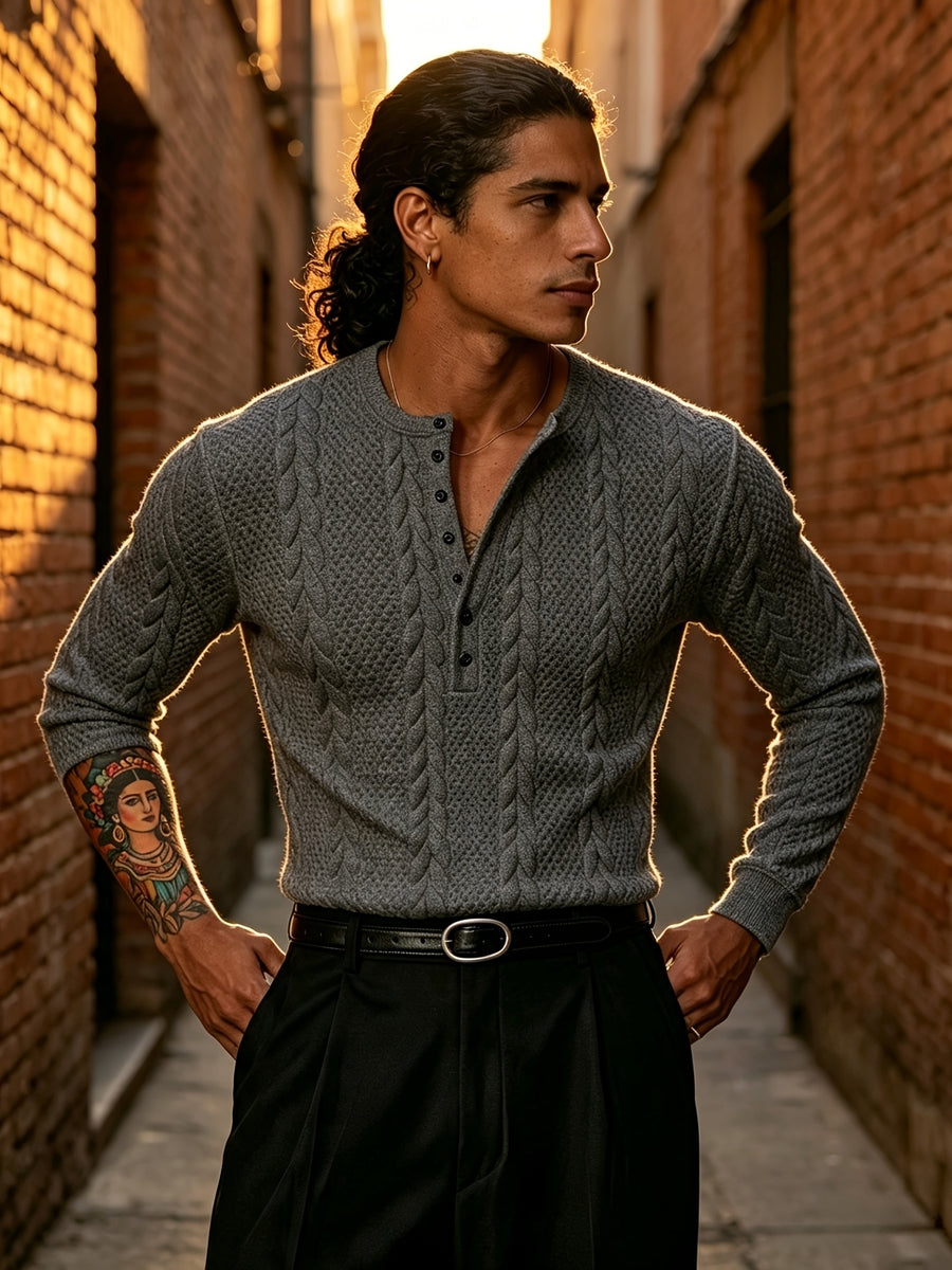 Back-To-School Season Men'S White Stretch Knit Long Sleeve Top, Henley Collar Pinstripe Textured Button-Up Shirt, Light Mature Korean Style Outfit, Early Autumn Fitted Style, Campus Outing And Weekend Shopping Knitwear - Dark Gray