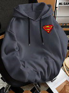 Men'S Fashion Sweatshirt, Retro Distressed Cracked Graffiti Superman Logo Print Design, Men'S Trendy Hoodie Loose Fit, Adjustable Drawstring, Fleece-Lined Sweatshirt Comfortable Fall Winter Wear, Outdoor Sports Casual Trendy Clothing - Dark Gray
