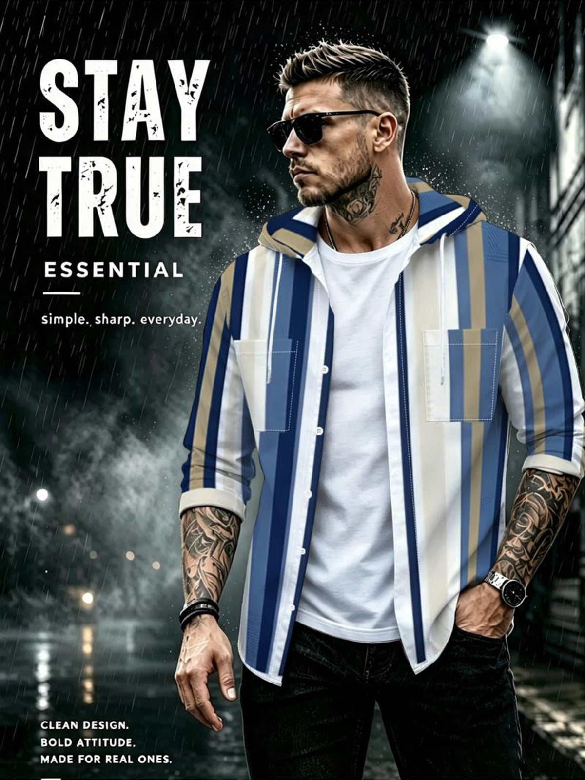 Men's Hooded Sweatshirt, Casual Sports Style, Mixed Color, Multiple Sizes Available, Polyester Material, Vertical Striped Pattern (Blue, Beige, White), Loose Fit, Long - Sleeved, Suitable for Spring and Autumn, Street Fashion, Daily Outerwear - Mixed colors