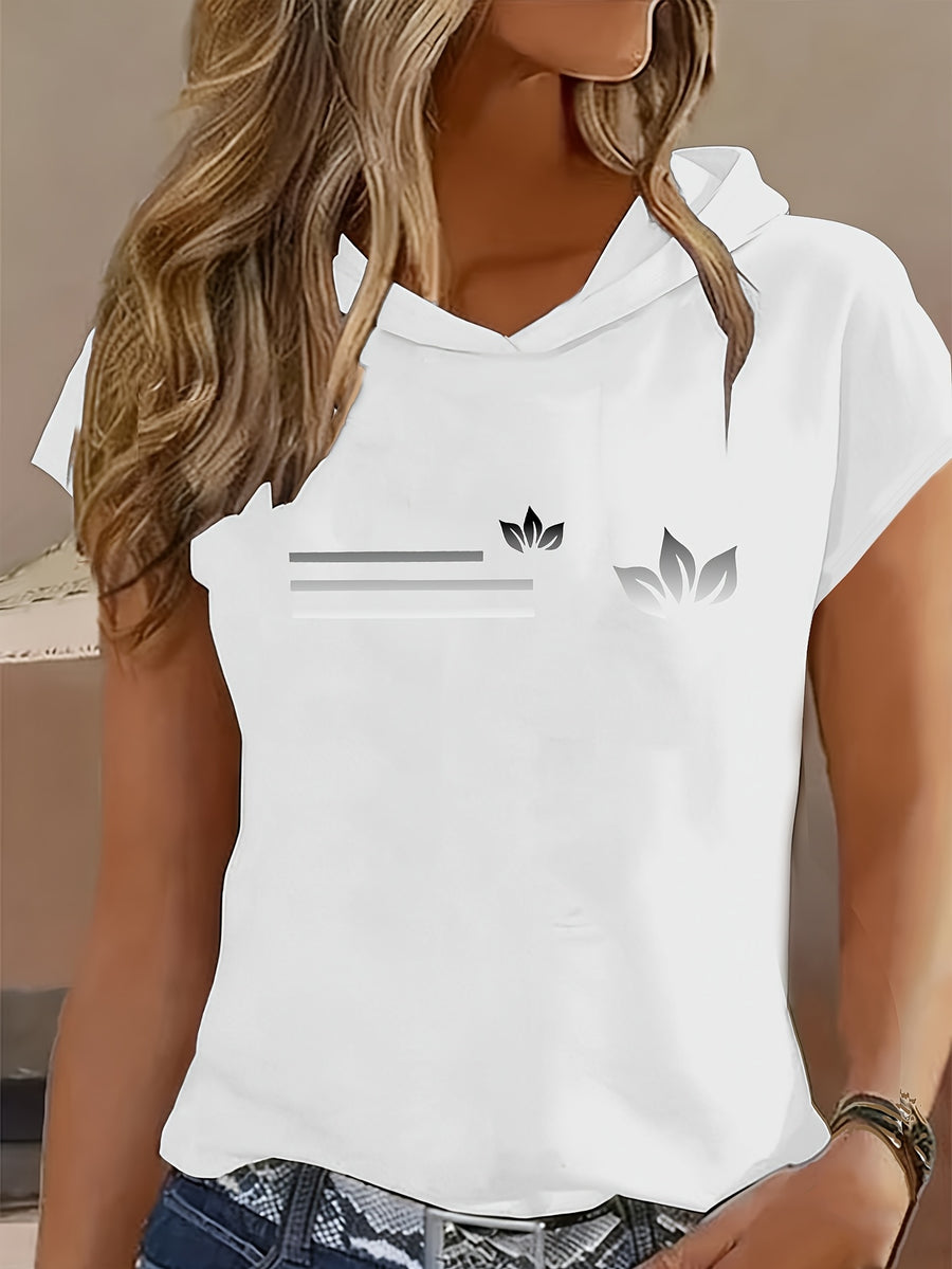 1pc Minimalist Black And White Butterfly Cold Style Advanced Print Y2K Style Women'S Sportswear Hooded Loose Design Soft And Comfortable Top Elegant Fashionable T-Shirt Hooded Short Sleeve - White