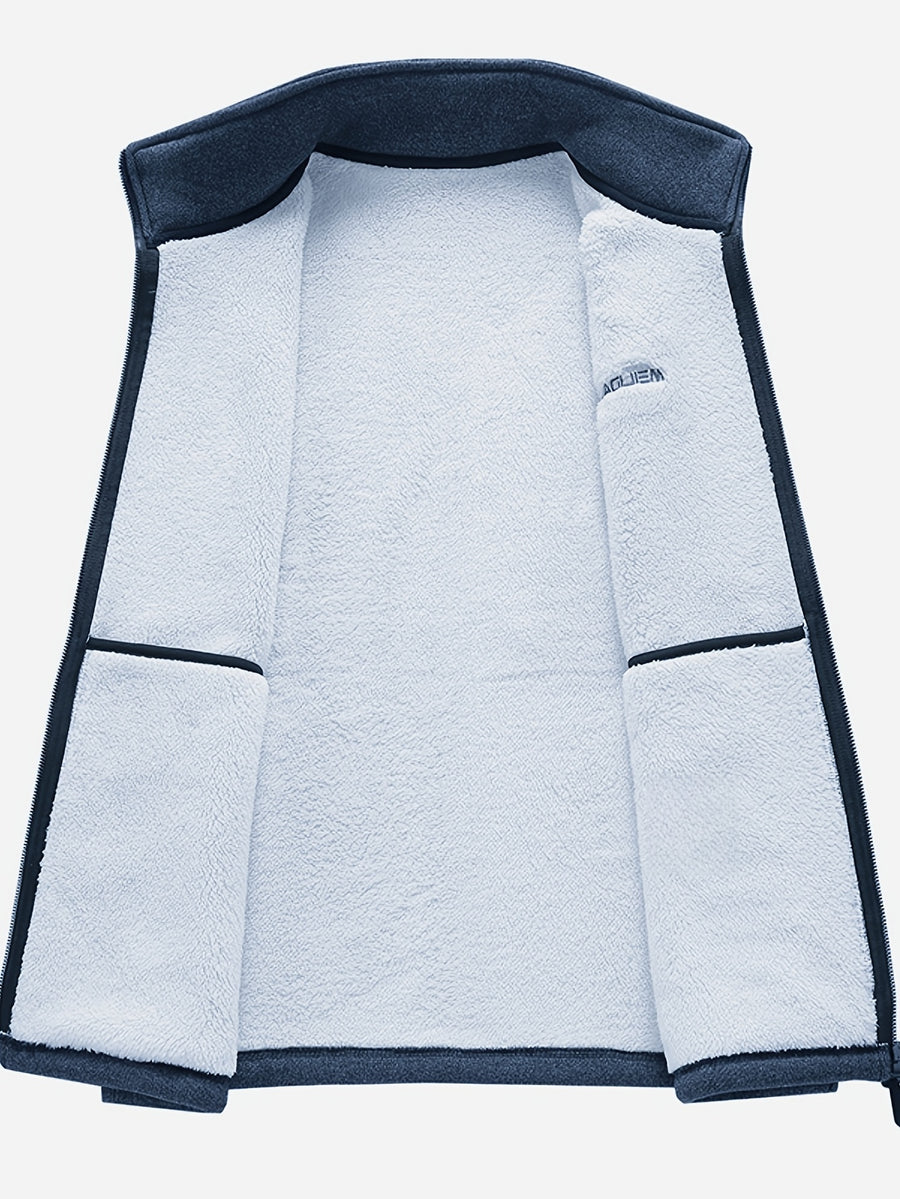 Men's Autumn Winter Casual Fleece-Lined Vest, Thickened Faux Blend Fleece Stand Collar Cardigan Vest for Outdoor and Home Wear, Warm Sleeveless Jacket Vest - Navy Color