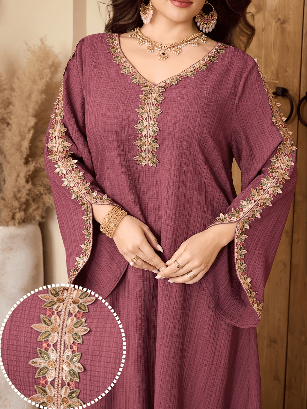 A Long Floral Dress with a V-Neck, Featuring Wide Sleeves, This Elegant Robe Is a Traditional Middle Eastern Garment, Similar to a Turkish Kaftan - Burgundy