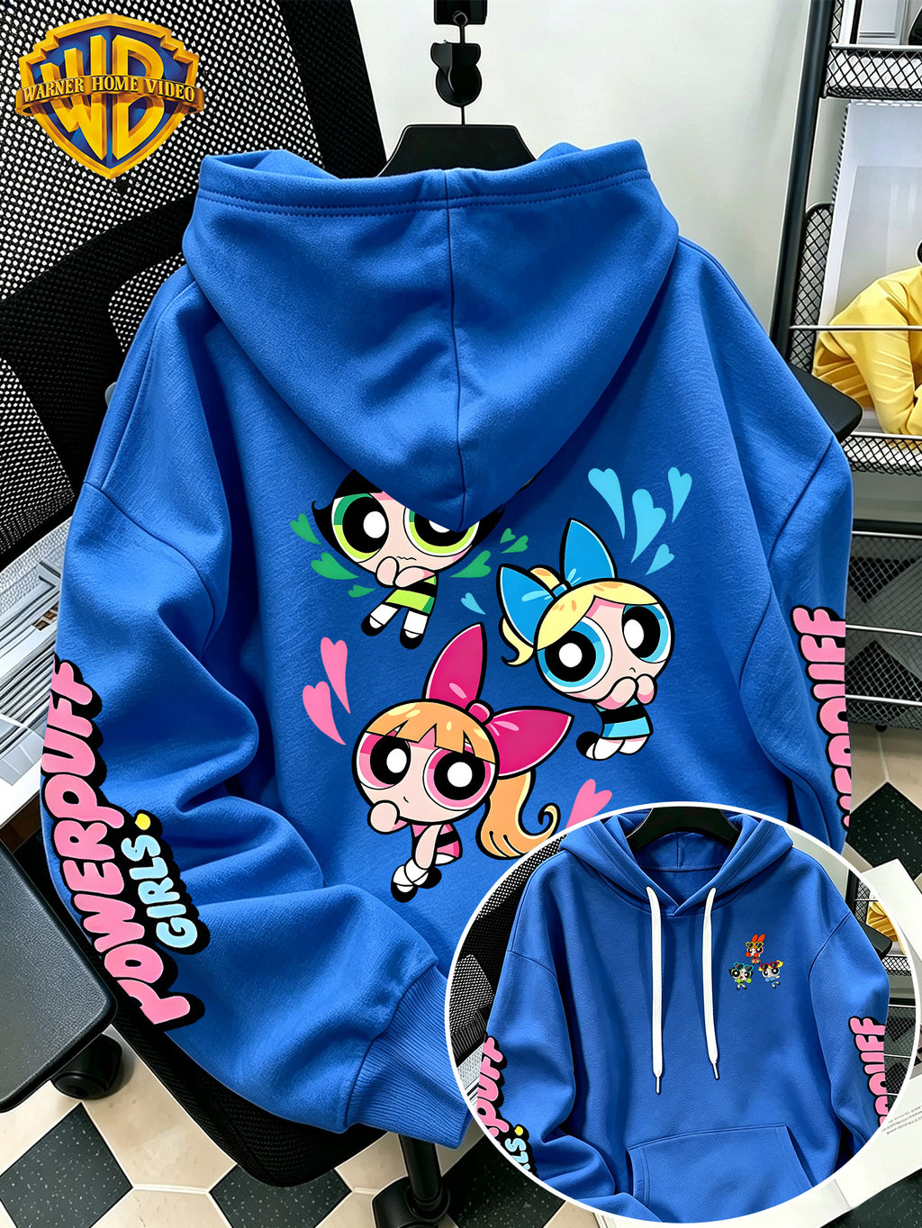 [Warner Bros] Officially Licensed Cute Powerpuff Heart Pattern Print Hoodie - Men'S Fashion Sweatshirt, Adjustable Drawstring Loose Comfortable Hoodie, Suitable for Daily And Outdoor Wear, Perfect Choice for Warmth in Autumn And Winter! Unisex - Blue