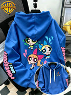 [Warner Bros] Officially Licensed Cute Powerpuff Heart Pattern Print Hoodie - Men'S Fashion Sweatshirt, Adjustable Drawstring Loose Comfortable Hoodie, Suitable for Daily And Outdoor Wear, Perfect Choice for Warmth in Autumn And Winter! Unisex - Blue