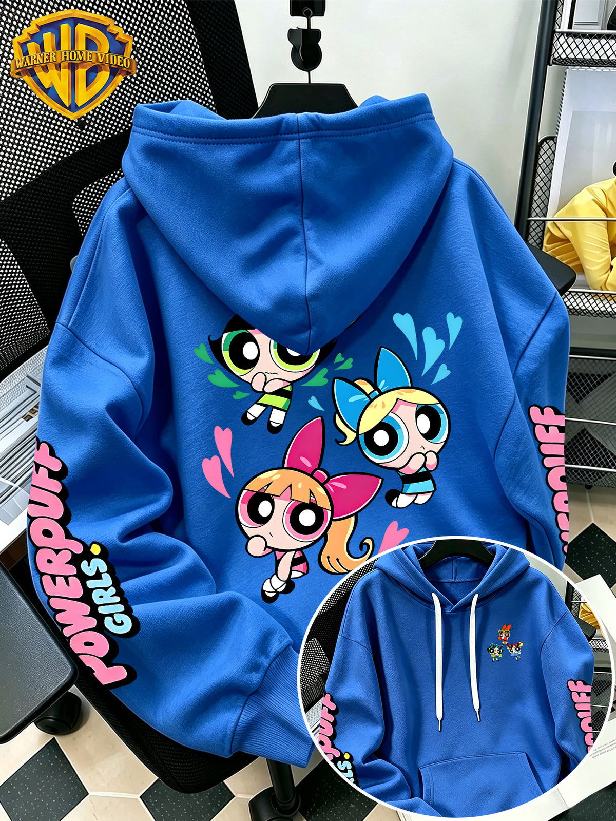 [Warner Bros] Officially Licensed Cute Powerpuff Heart Pattern Print Hoodie - Men'S Fashion Sweatshirt, Adjustable Drawstring Loose Comfortable Hoodie, Suitable for Daily And Outdoor Wear, Perfect Choice for Warmth in Autumn And Winter! Unisex - Blue