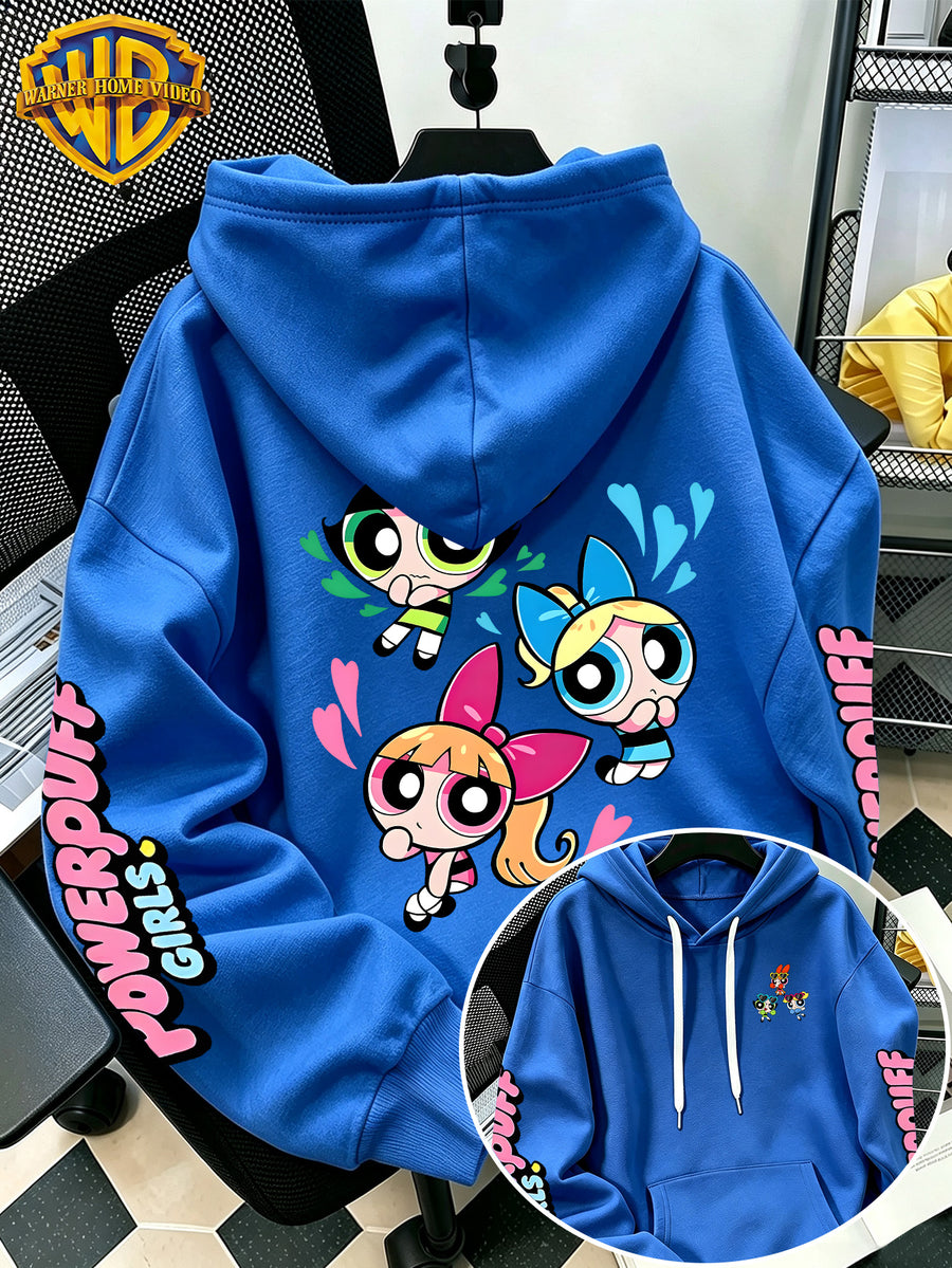 [Warner Bros] Officially Licensed Cute Powerpuff Heart Pattern Print Hoodie - Men'S Fashion Sweatshirt, Adjustable Drawstring Loose Comfortable Hoodie, Suitable for Daily And Outdoor Wear, Perfect Choice for Warmth in Autumn And Winter! Unisex - Blue