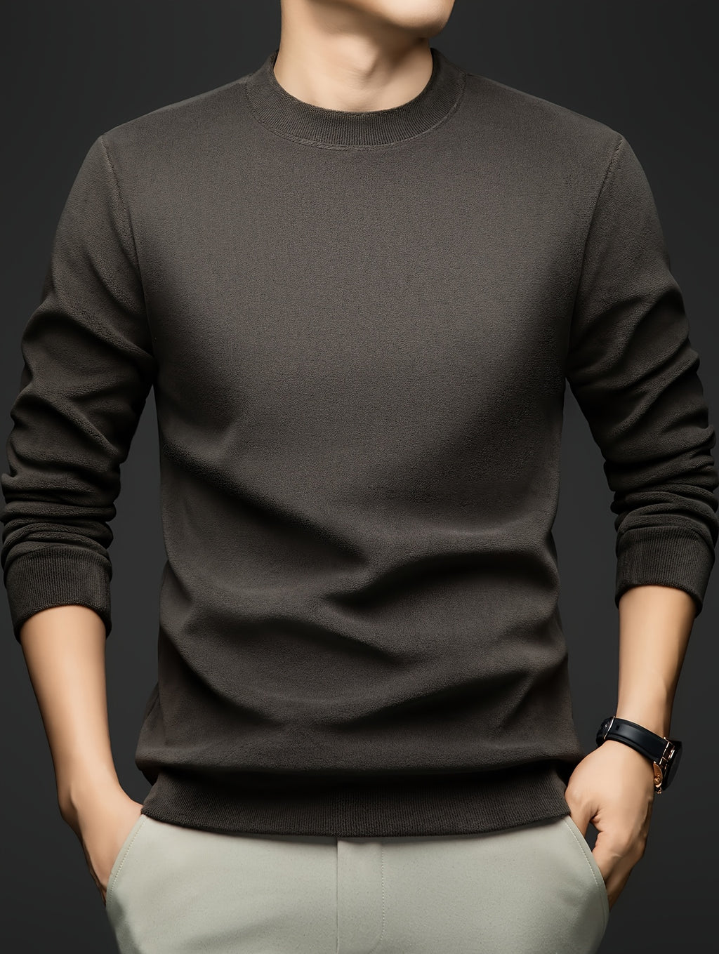 Autumn/Winter Men's -Lined Thickened Warm Base Layer Shirt, Crew Neck Long Sleeve T-Shirt, Solid Color Stretchy Inner Layer Casual Sweatshirt Top - Green