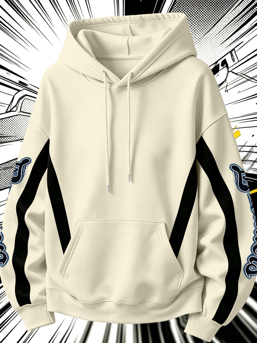 2026 Autumn/Winter Soft Skin-Friendly Men's Hooded Sweatshirt, Striped Patchwork Print Long Sleeve, Adjustable Drawstring, Large Capacity Kangaroo Pocket, Versatile Pullover Hoodie for Campus Parties - Apricot