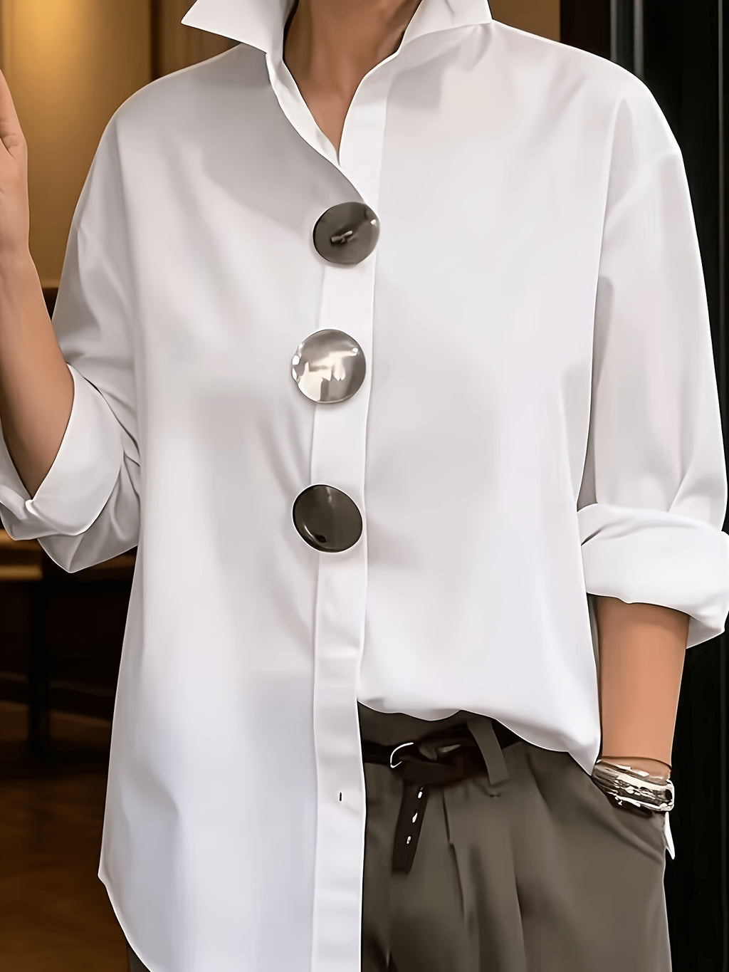 2026 Spring New Arrival Women's Large Button Shirt, Loose Fit Silhouette, Conceals Figure and, French-Style Commuter Elegance Long Sleeve Blouse, Versatile Designer Top - White
