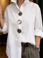 2026 Spring New Arrival Women's Large Button Shirt, Loose Fit Silhouette, Conceals Figure and, French-Style Commuter Elegance Long Sleeve Blouse, Versatile Designer Top - White