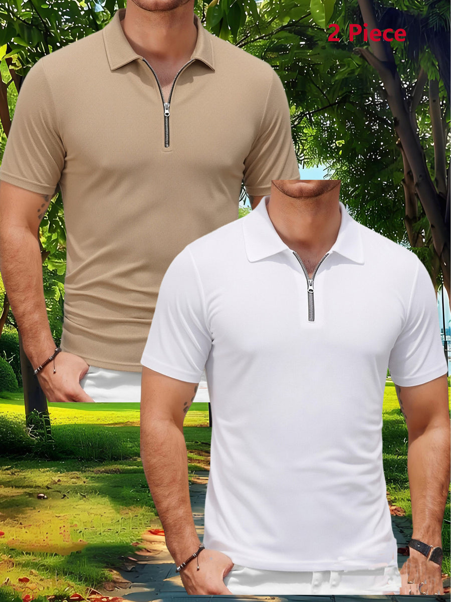 2pcs Men'S Sports Outdoor Casual Lapel Solid Color Breathable Zipper POLO Shirt - Khaki+White