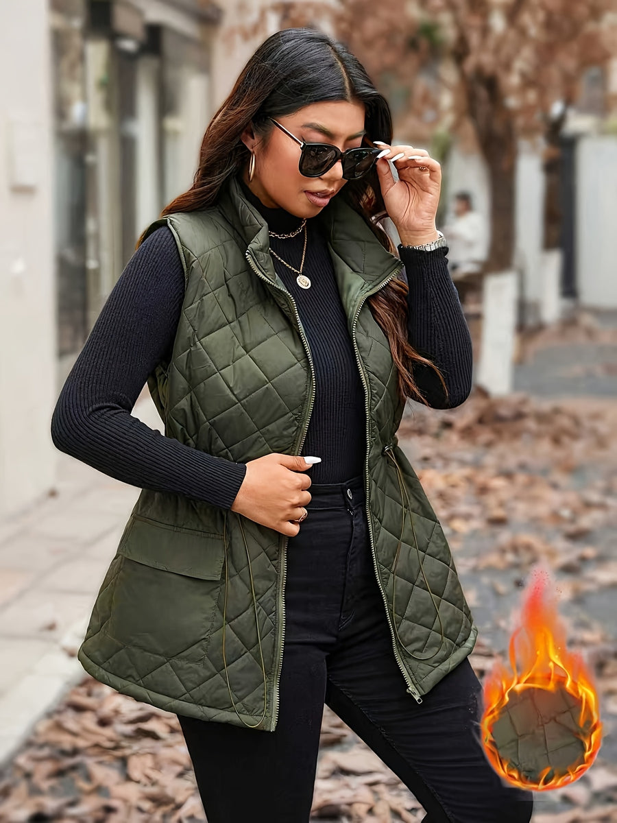 ASD1 Autumn Winter Diamond Quilted Vest Women'S Waist Cincher Drawstring Stand Collar Sleeveless Camisole Thick Warm Casual Outerwear, Western Style New Stand Collar Quilted Vest Women'S Drawstring Waist Pocket Warm Sleeveless Jacket Versatile Top - Olive Green