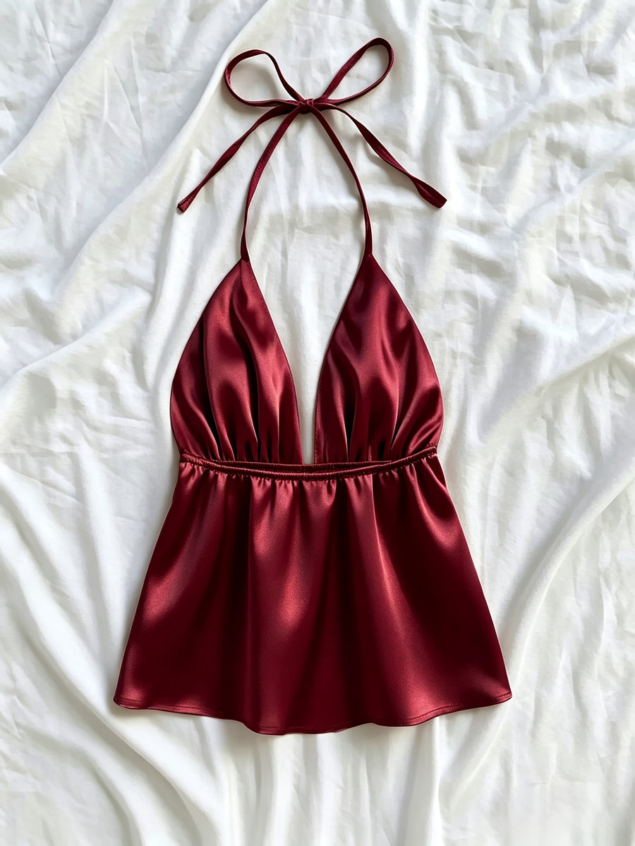 1pc Solid Color Spring Summer Beach Vacation Casual Satin Ruffled Cami Top - Burgundy