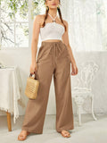 Women'S Elegant High Waist Straight Trousers Fake Drawstring Belt All Season Casual Pants - Rust