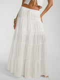 Women's New Spring/Summer Solid Color Long Maxi Skirt, Elegant Casual Pleated A-Line Flared Bohemian Style Vacation Dress for Women, Graduation, Women's Teacher Apparel, Back to, Elegant Long Dress - White