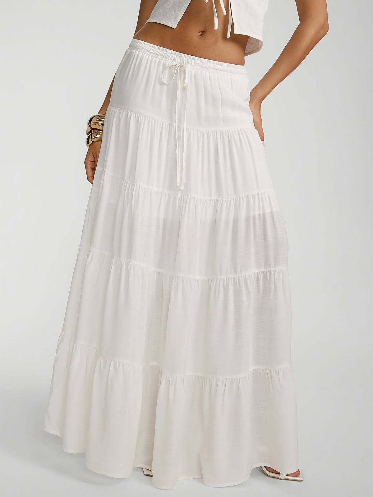 Women's New Spring/Summer Solid Color Long Maxi Skirt, Elegant Casual Pleated A-Line Flared Bohemian Style Vacation Dress for Women, Graduation, Women's Teacher Apparel, Back to, Elegant Long Dress - White
