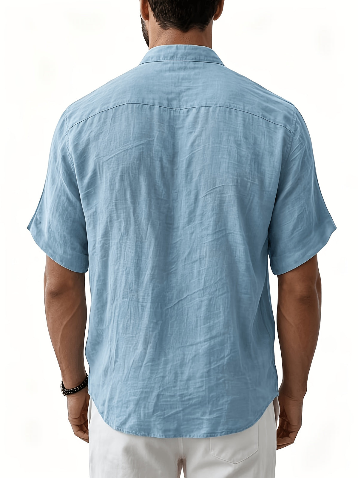 Men'S Fashion Polo Collar Linen Breathable Comfortable Casual Short Sleeve Shirt - Sky Blue