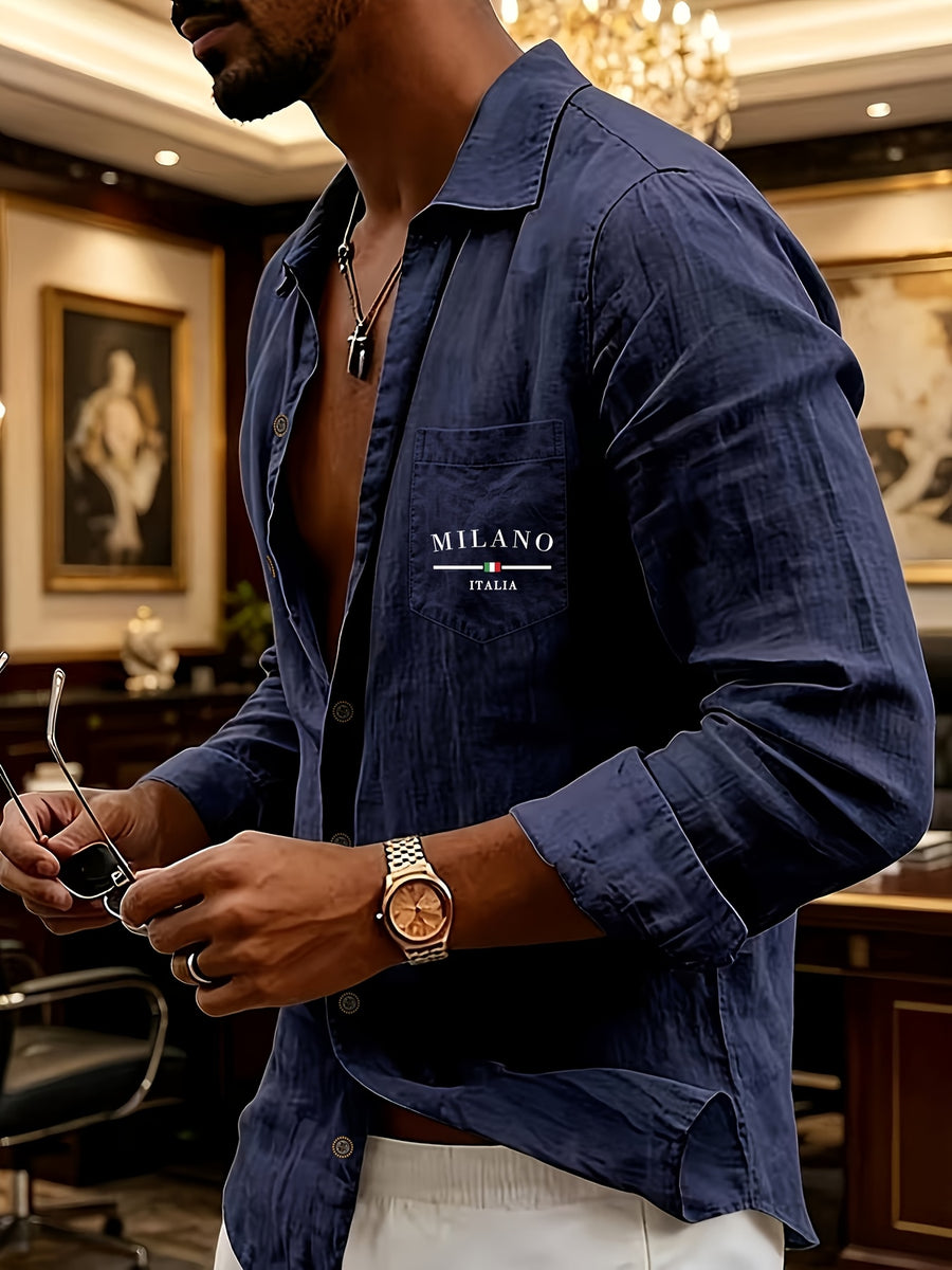 Men's Henley Shirt in Linen with Long Sleeves, Featuring Comfortable and Breathable Fabric with Trendy Printed Designs. Suitable for Daily Outings, Outdoor Sports, Travel, and Vacations. Lightweight and Breathable with a Regular Fit, Chest Pocket - Navy Color