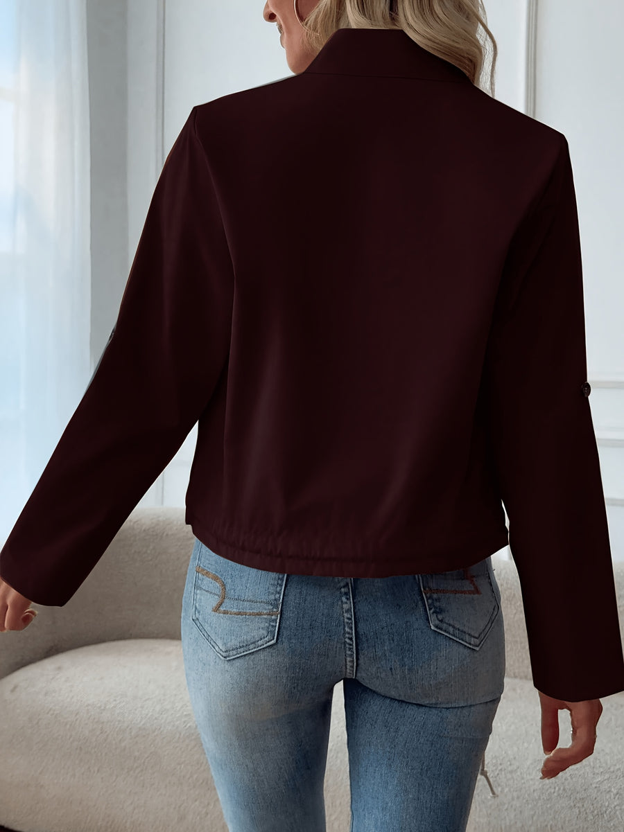 Women'S Lightweight Stand-Collar Jacket – Fashionable Zippered Bomber with Decorative Front Pockets And Adjustable Drawstring Hem, Ideal Casual Street Style Outerwear for Spring And Autumn - Burgundy